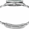 Side view of a silver wristwatch with a metal band and crown.