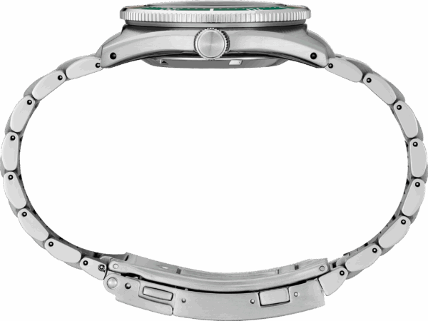 Side view of a silver wristwatch with a metal band and crown.