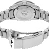 Close-up of a silver wristwatch with an open clasp showing the back case.