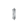 Side view of a sleek silver wristwatch with a crown.