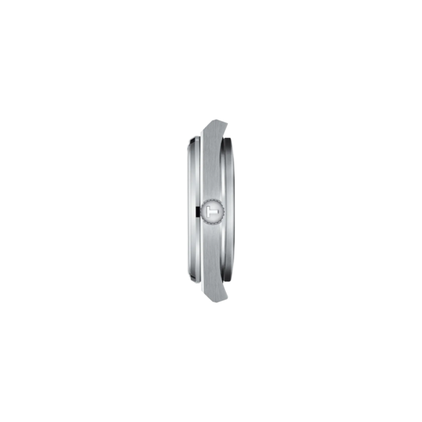 Side view of a sleek silver wristwatch with a crown.