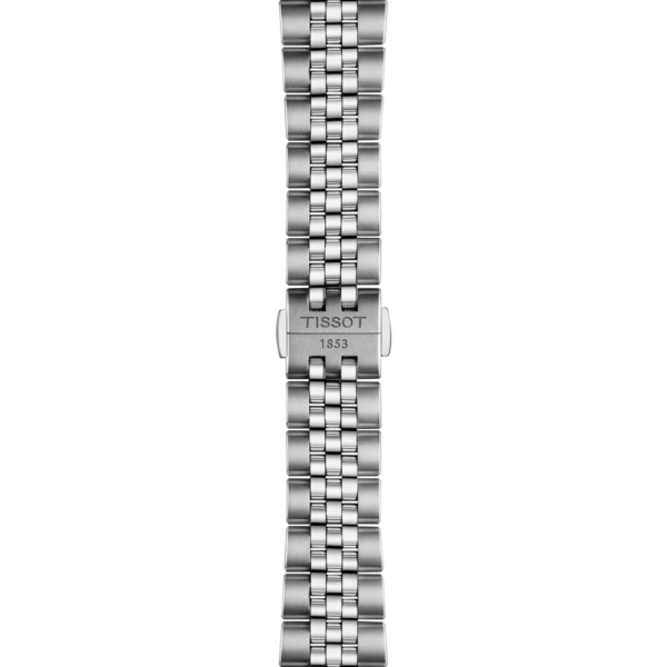 Close-up of a metal watch bracelet with a clasp on a black background.