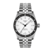Elegant Tissot wristwatch with a silver metal band and black bezel.