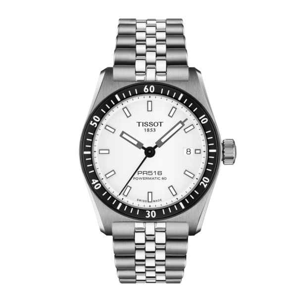 Elegant Tissot wristwatch with a silver metal band and black bezel.