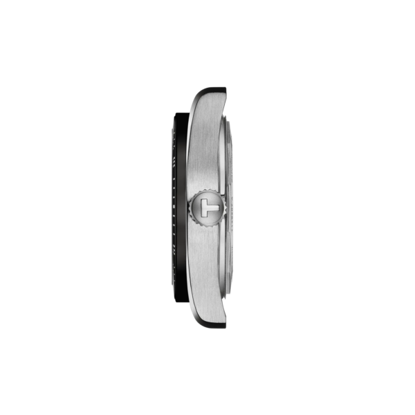 Side view of a sleek wristwatch with a metallic case.