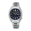 Silver Seiko wristwatch with blue dial and metal band.