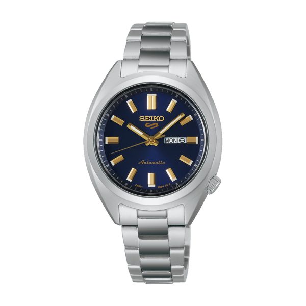 Silver Seiko wristwatch with blue dial and metal band.