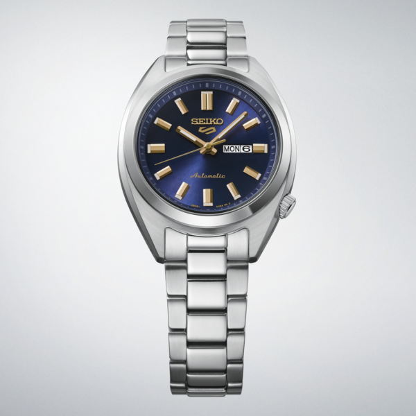 Elegant silver wristwatch with a blue dial and day-date display.