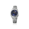 Silver wristwatch with a blue dial and metal strap.