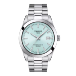 Silver Tissot wristwatch with a light blue face and date display.