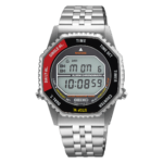 Digital wristwatch with metal band and red accents.