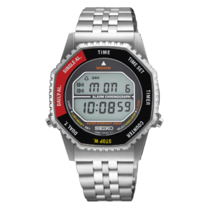 Digital wristwatch with metal band and red accents.