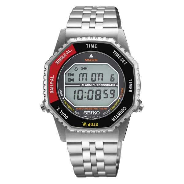 Digital wristwatch with metal band and red accents.